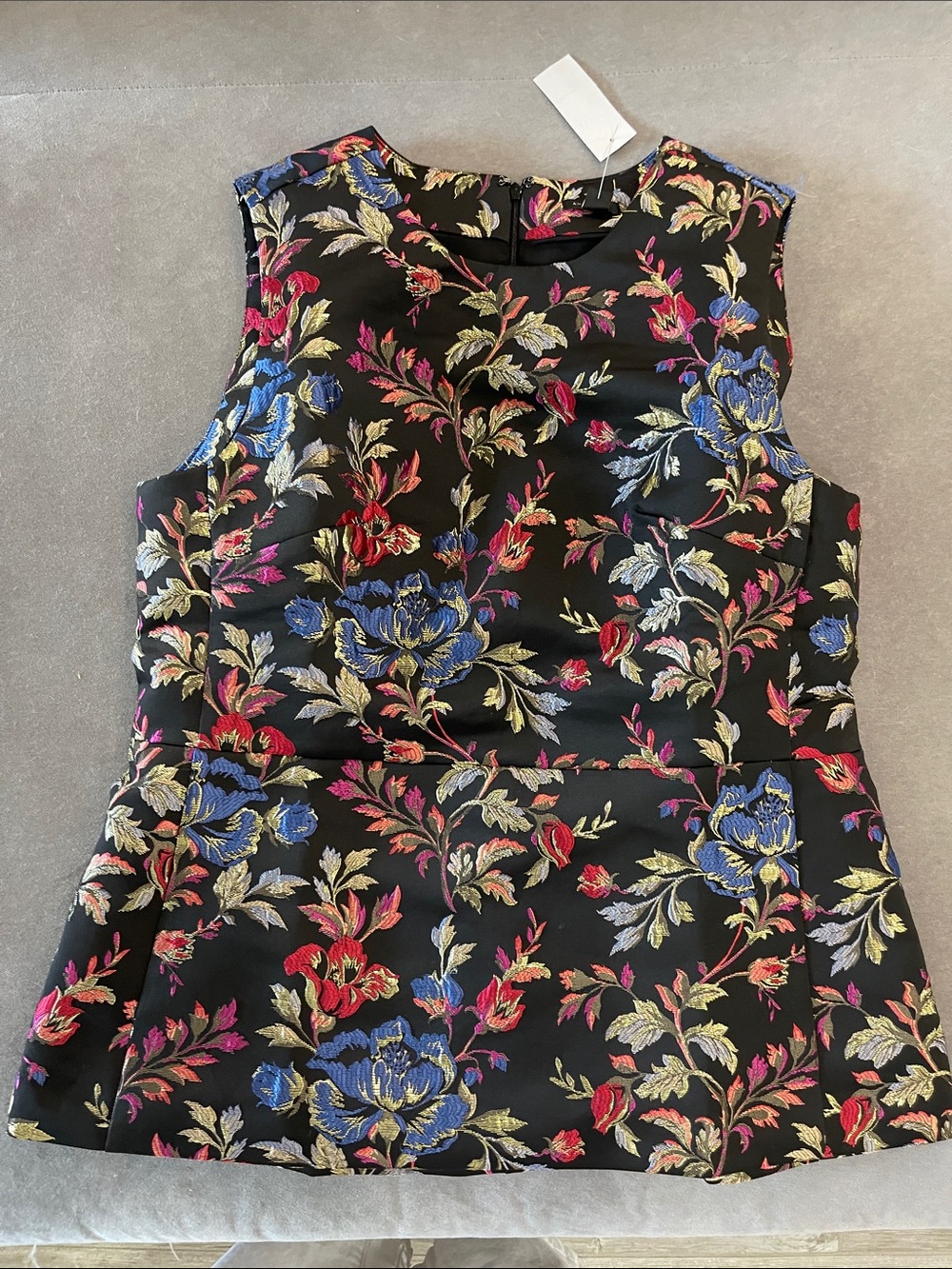 Ann Taylor Black Floral Brocade Sleeveless Peplum Top with Blue & Red Blooms